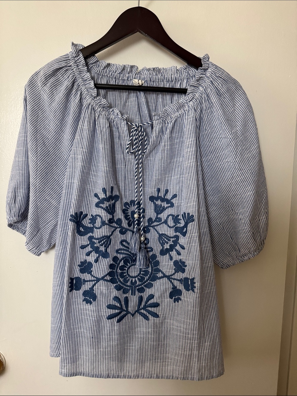Cato Blue & White Striped Peasant Top with Navy Embroidery